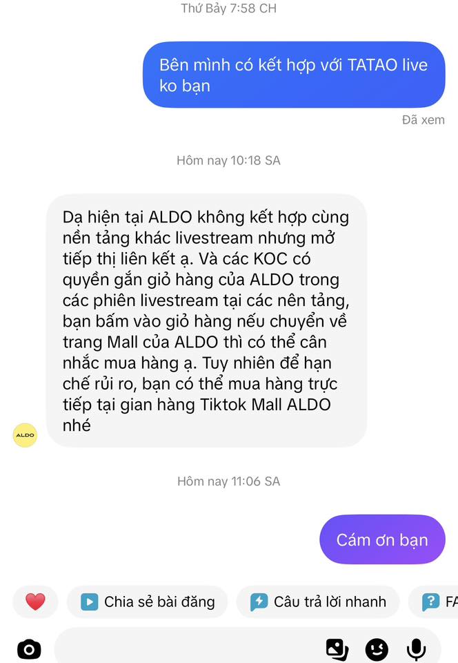 Đoạn chat được cho là của nhãn hàng ALDO chính thức, họ khẳng định không liên kết và hợp tác với nền tảng livestream nào - Ảnh người dùng cung cấp